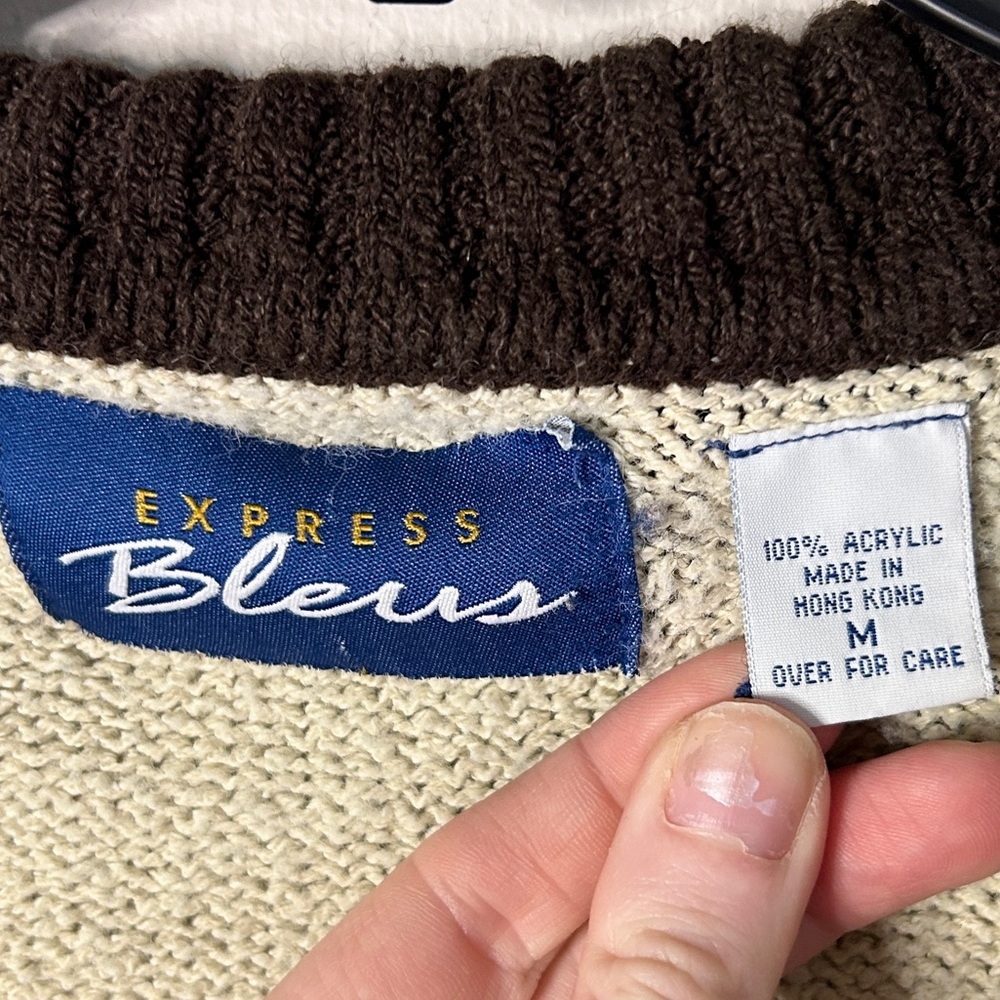 Y2K EXPRESS 90s Brown Rugby Striped Sweater Jacket Academia Preppy Après Size M - Picture 2 of 10